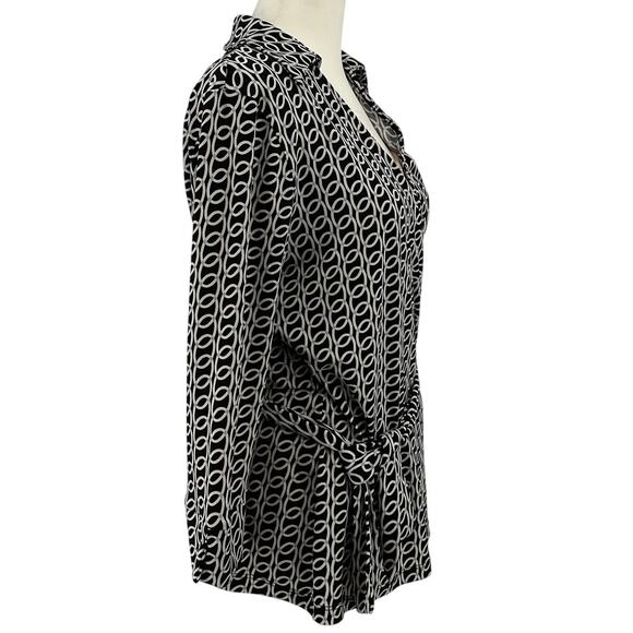 Worthington Stretch Dress Top Women M Black Geometric Print Wrap Belted Collared - Picture 2 of 5